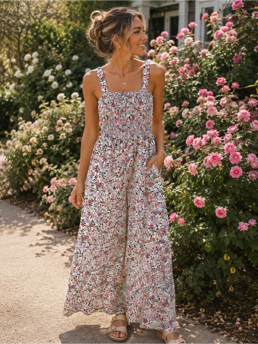 Floral Smocked Wide-Leg Jumpsuit in Pink